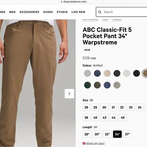 Lululemon Men’s Pants.  ABC 5 pocket Warpstreme. Size 36 inseam 34”.